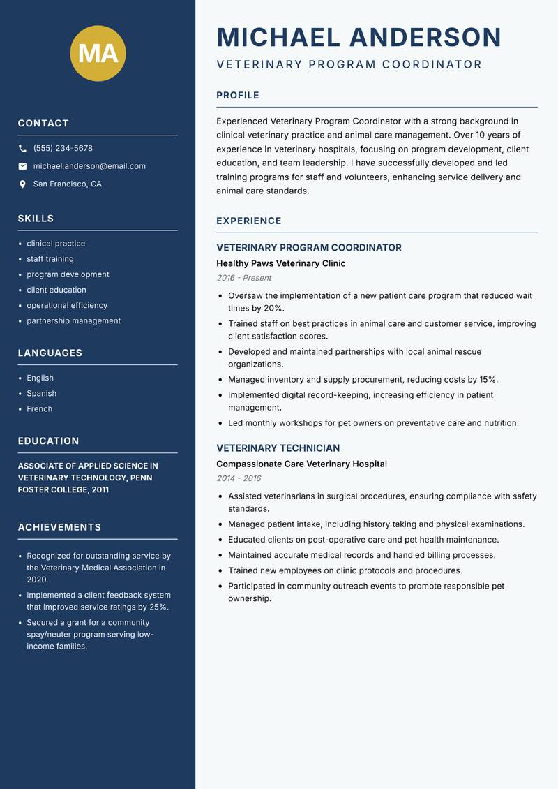 Veterinary Program Coordinator Resume Preview Example