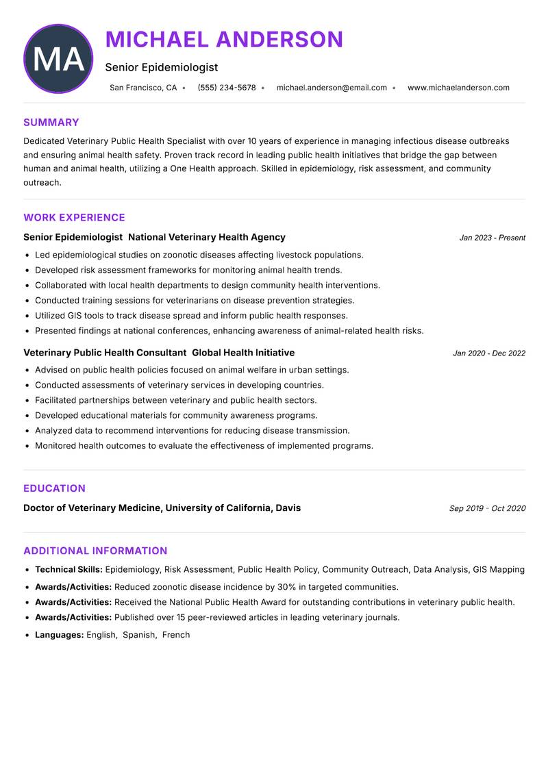 Veterinary Public Health Specialist Resume Preview Example