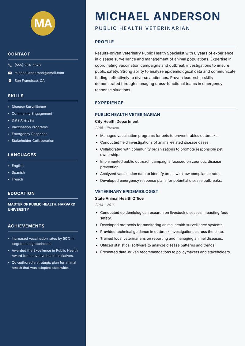 Veterinary Public Health Specialist Resume Preview Example