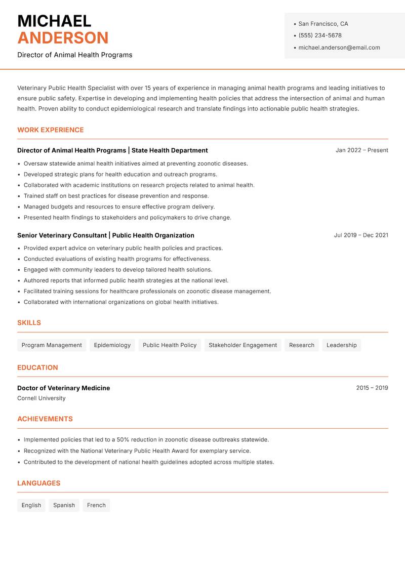 Veterinary Public Health Specialist Resume Template