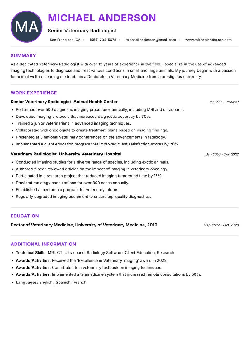 Veterinary Radiologist Resume Preview Example