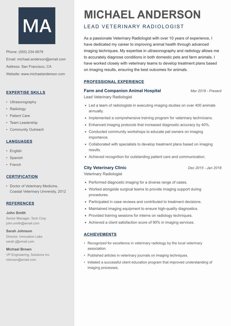 Veterinary Radiologist Resume Preview Example