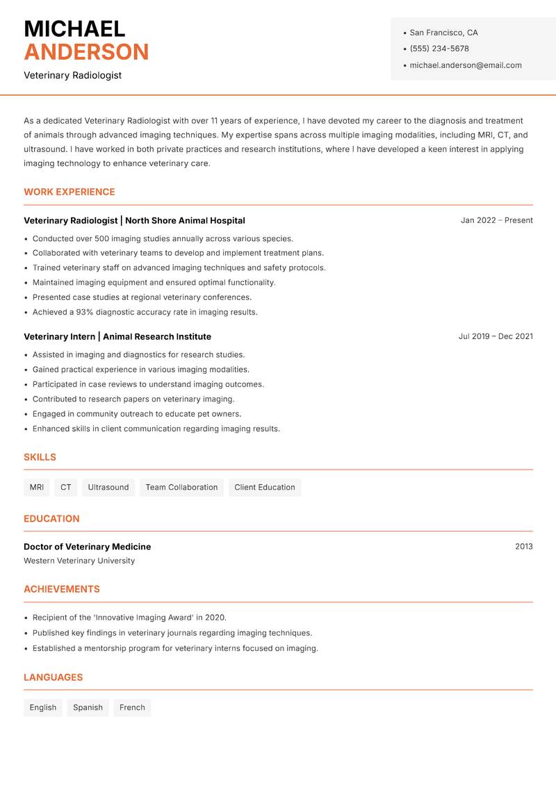 Veterinary Radiologist Resume Template