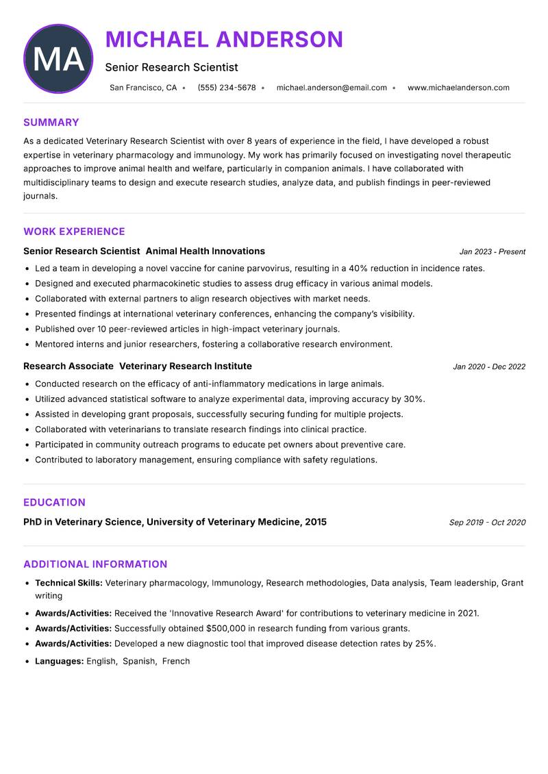 Veterinary Research Scientist Resume Preview Example