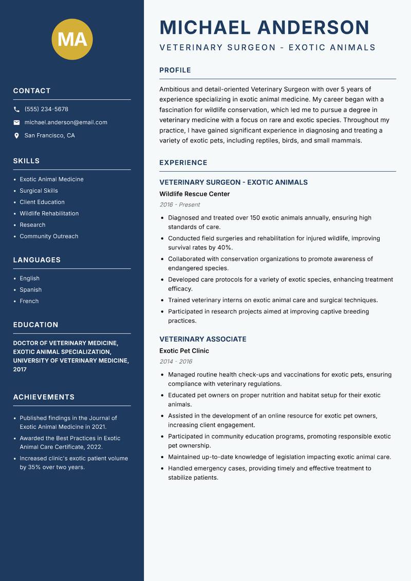 Veterinary Surgeon Resume Preview Example