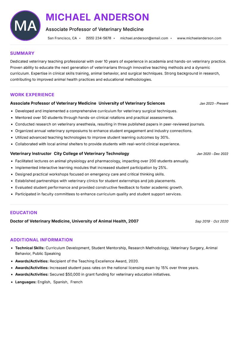 Veterinary Teaching Professional Resume Preview Example