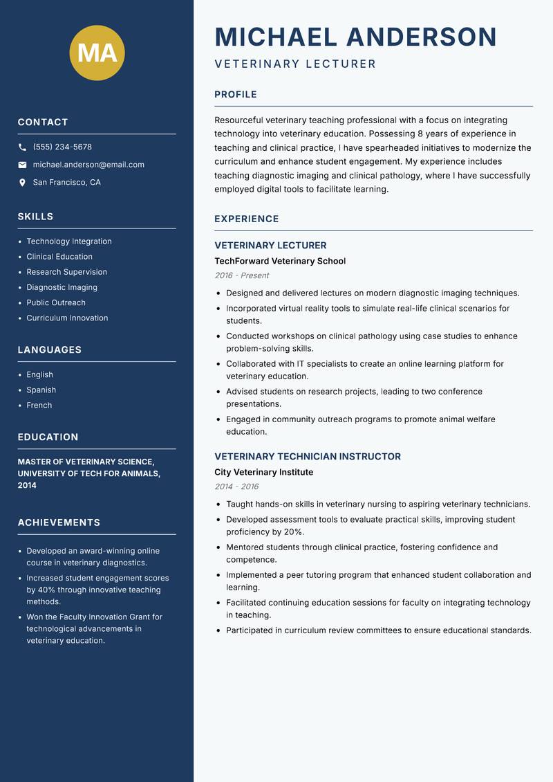 Veterinary Teaching Professional Resume Preview Example
