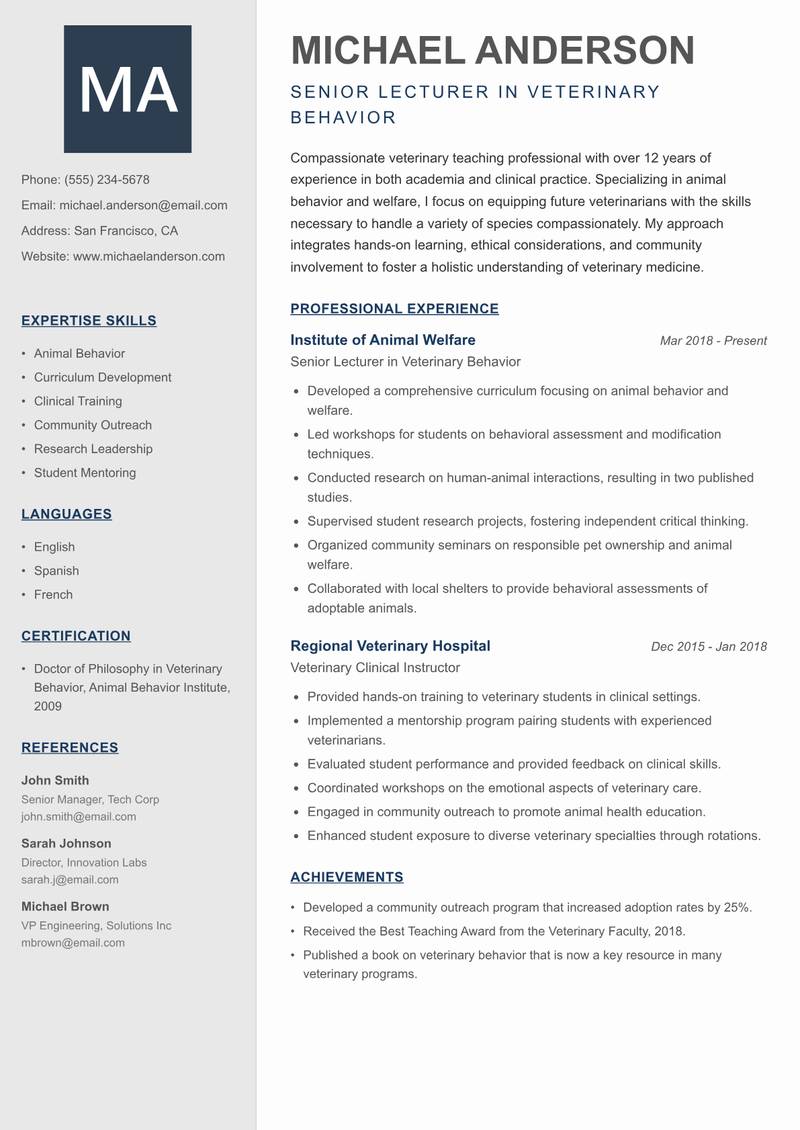 Veterinary Teaching Professional Resume Preview Example