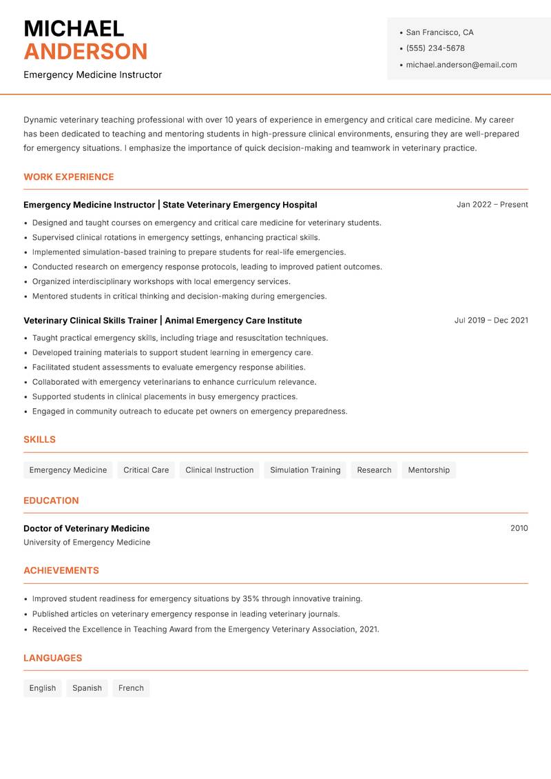 Veterinary Teaching Professional Resume Template