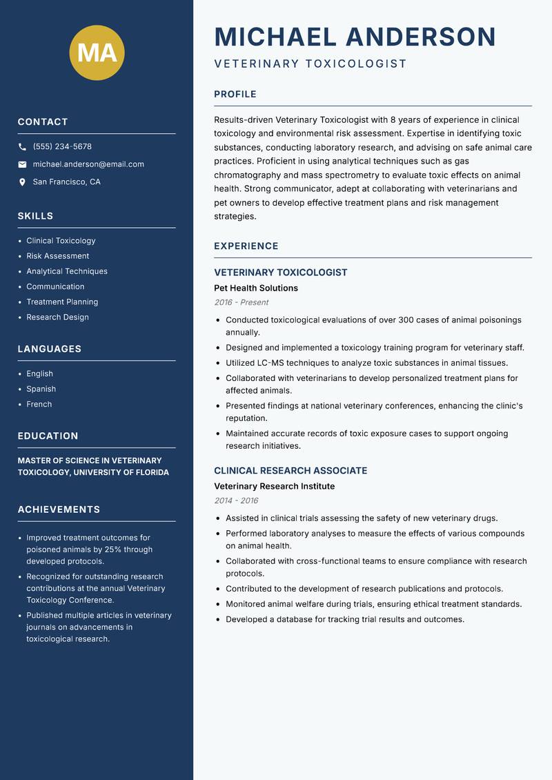 Veterinary Toxicologist Resume Preview Example