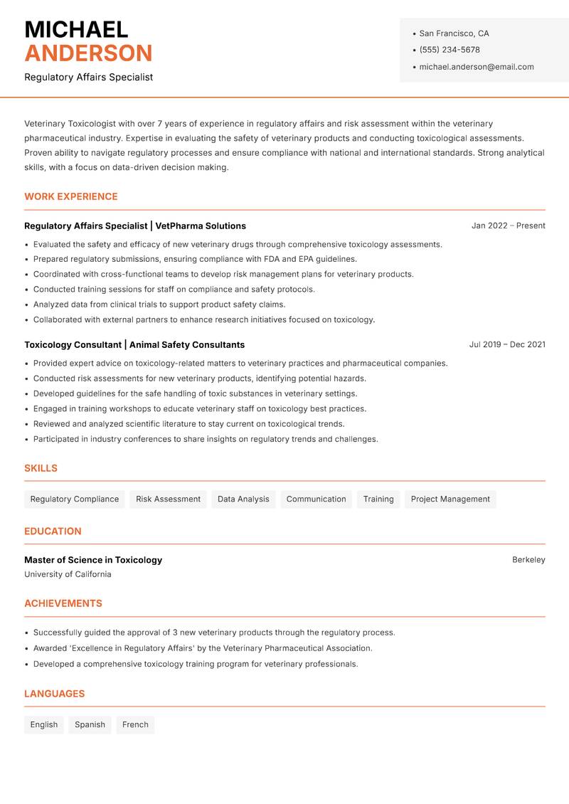 Veterinary Toxicologist Resume Template