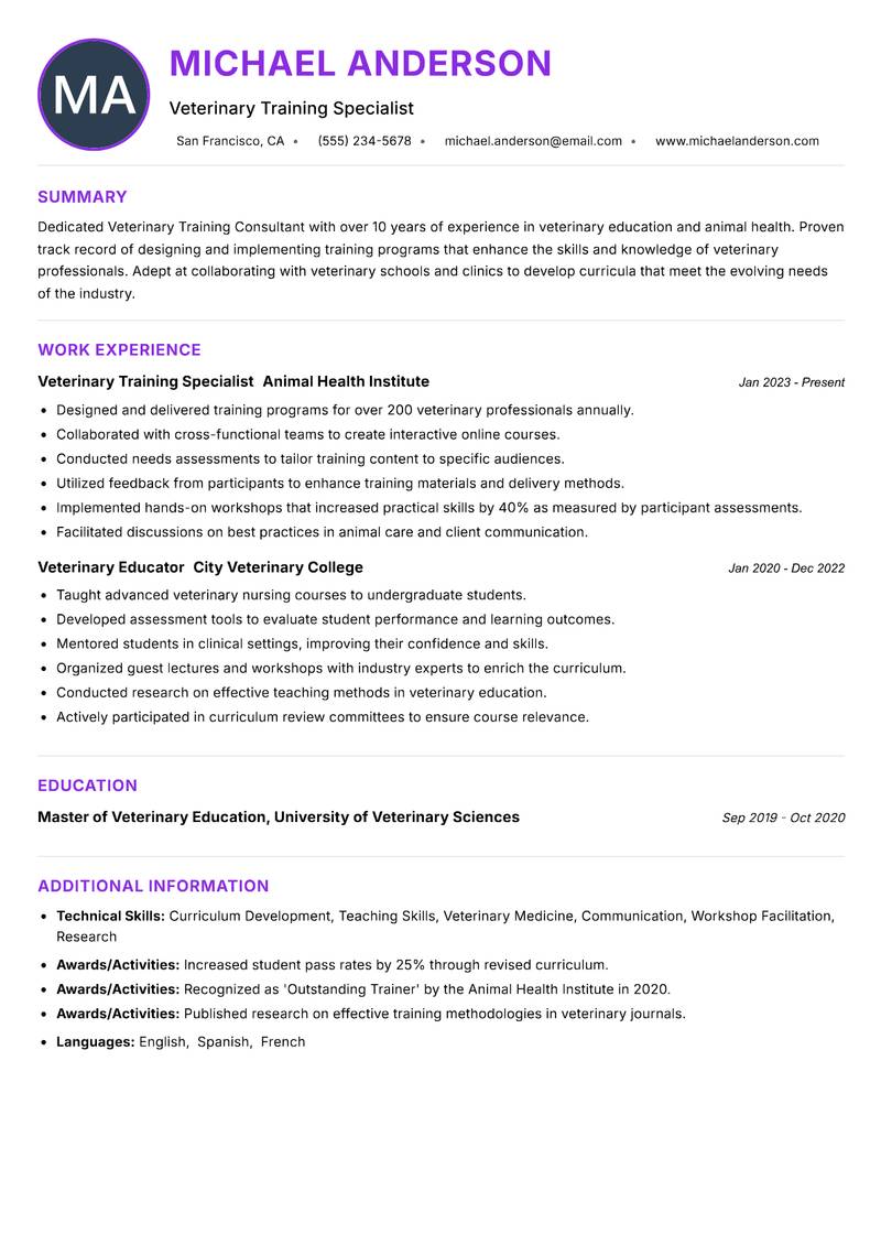 Veterinary Training Consultant Resume Preview Example
