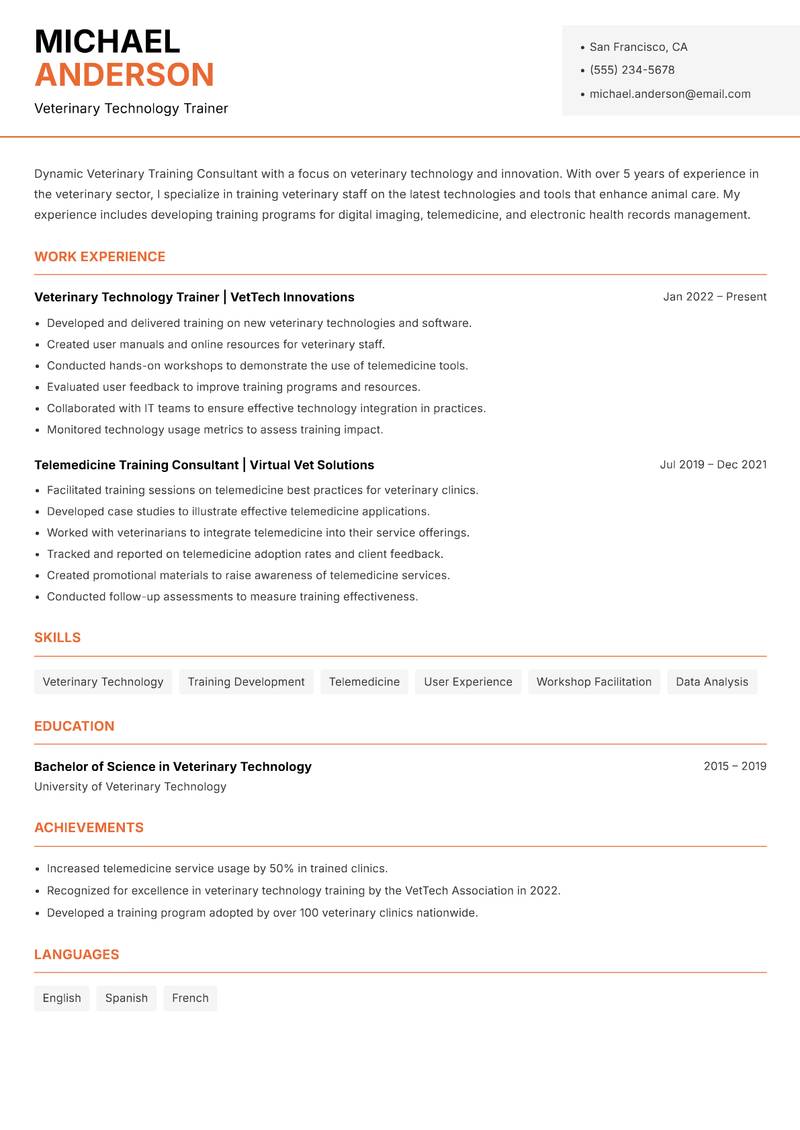 Veterinary Training Consultant Resume Template