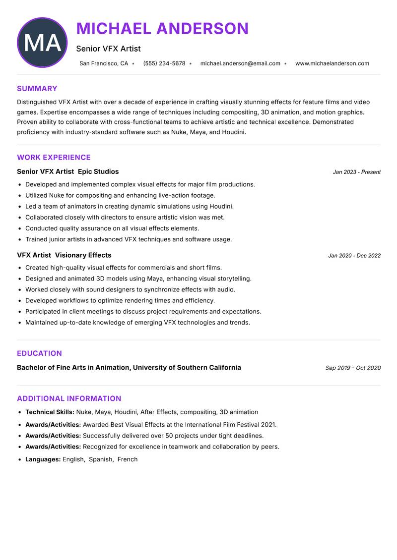 VFX Artist Resume Preview Example