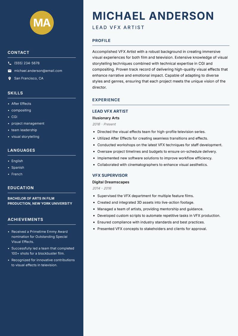 VFX Artist Resume Preview Example