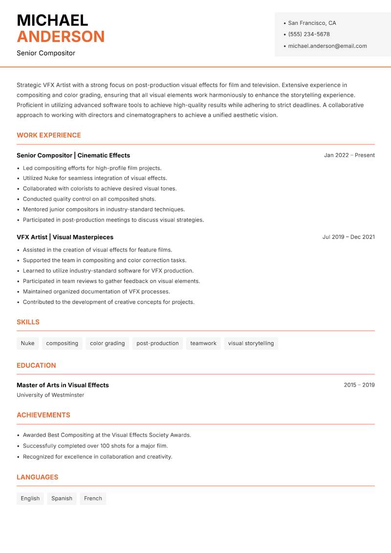 VFX Artist Resume Template