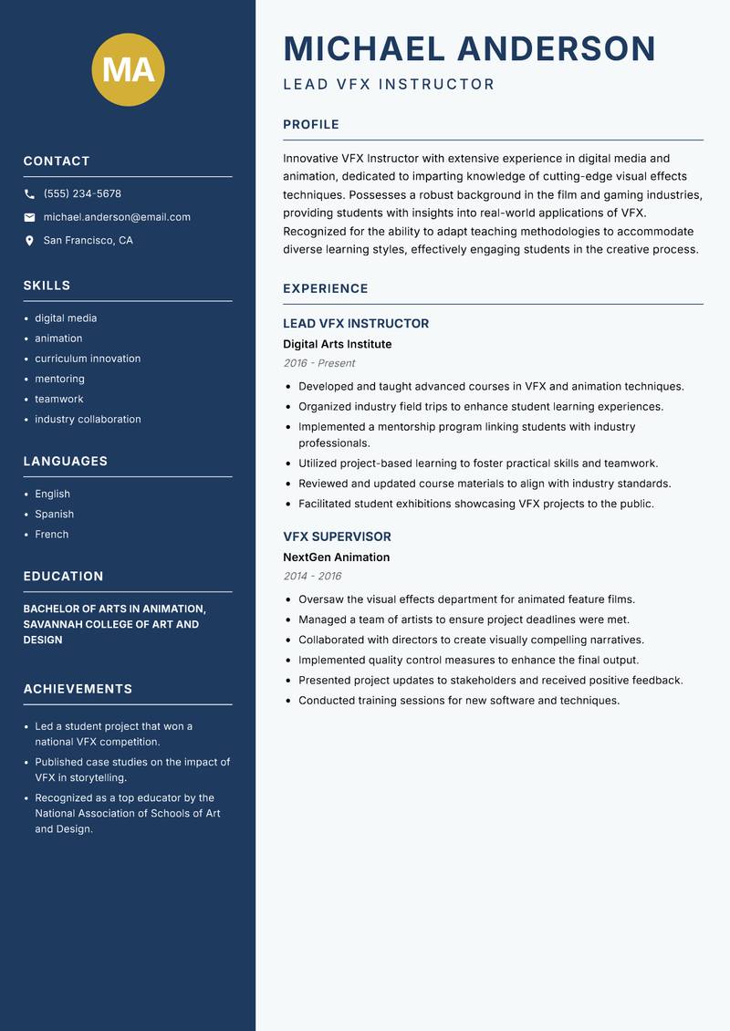 VFX Instructor Resume Preview Example