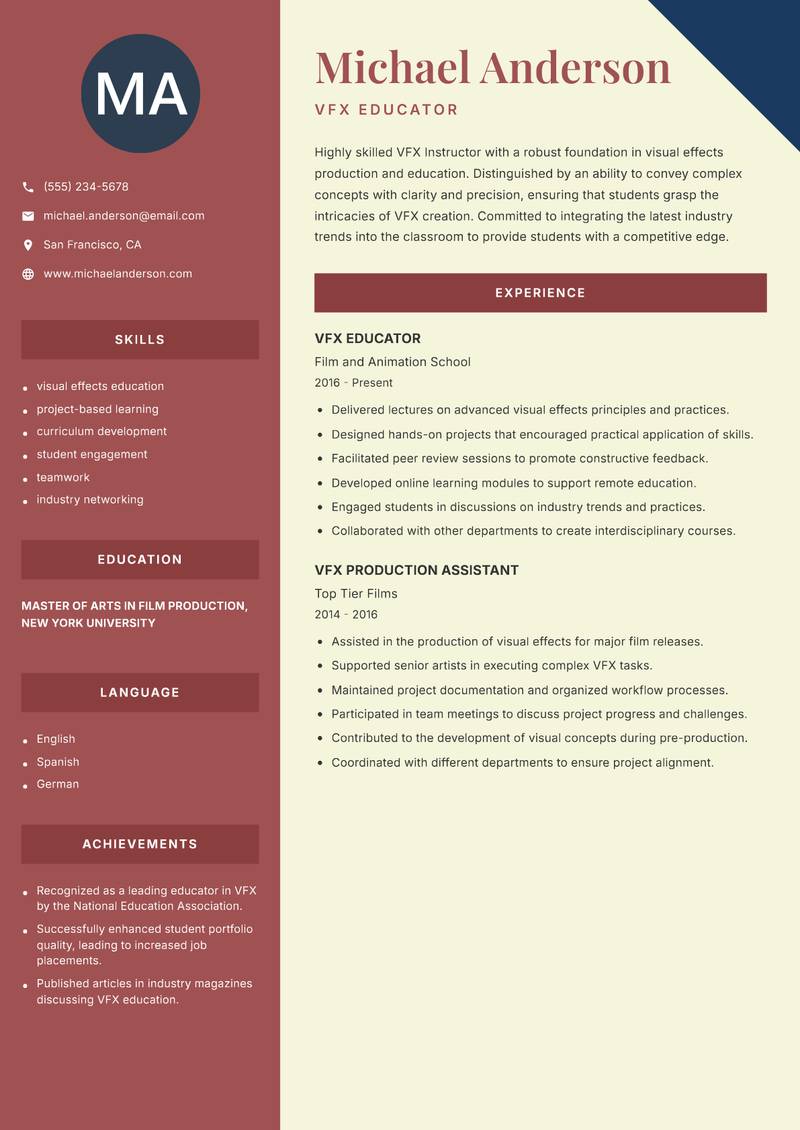 VFX Instructor Resume Preview Example