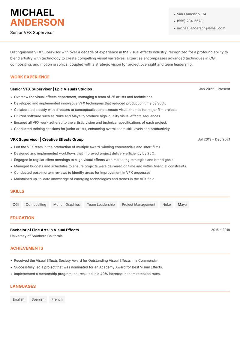 VFX Supervisor Resume Template