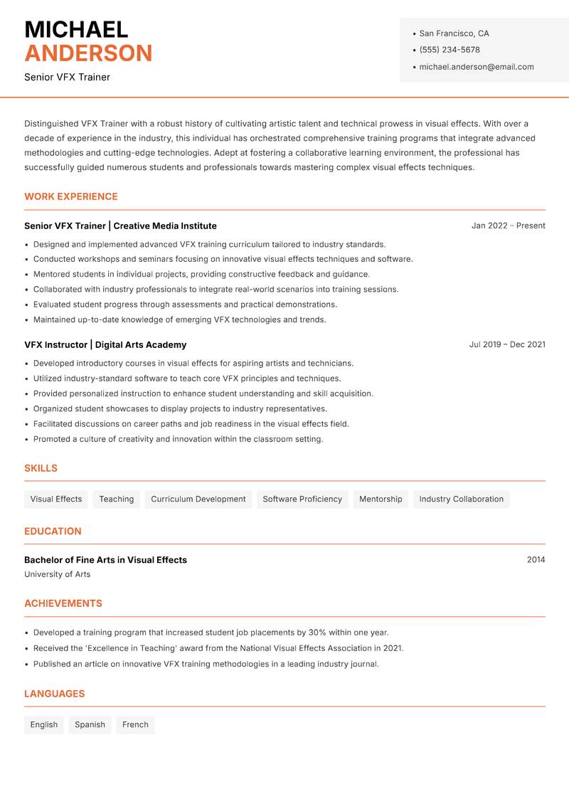 VFX Trainer Resume Template