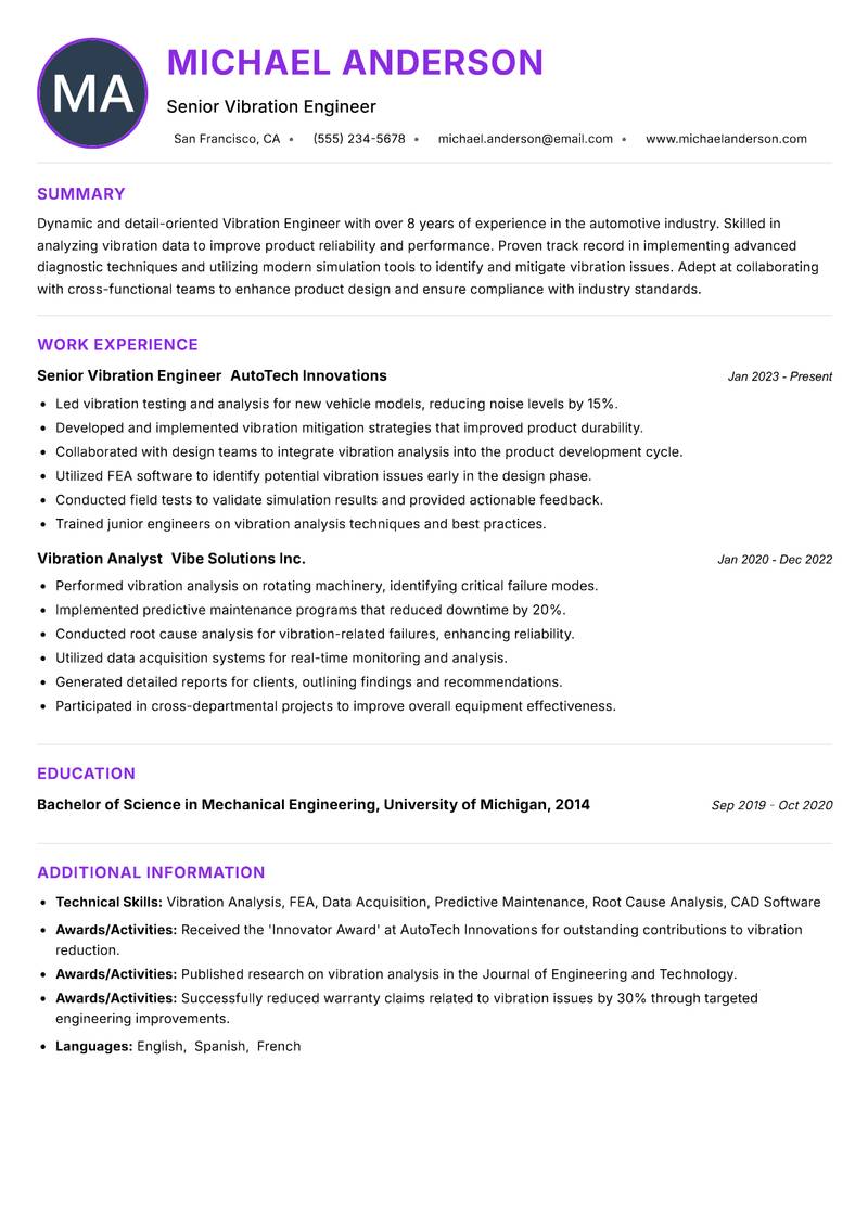 Vibration Engineer Resume Preview Example