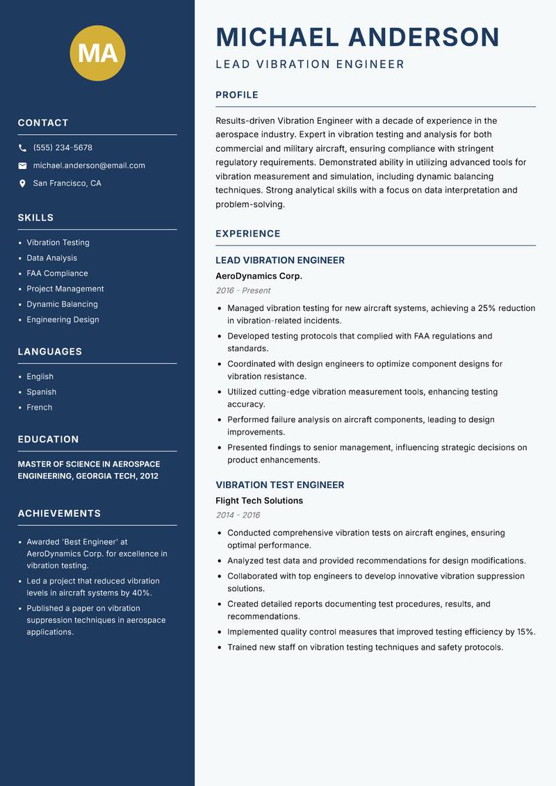 Vibration Engineer Resume Preview Example
