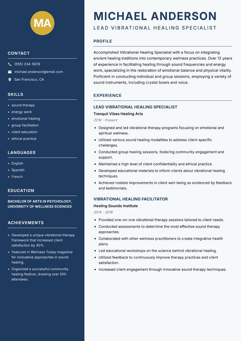 Vibrational Healing Specialist Resume Preview Example