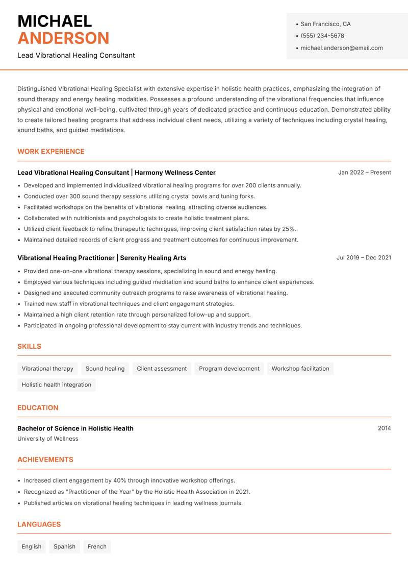 Vibrational Healing Specialist Resume Template