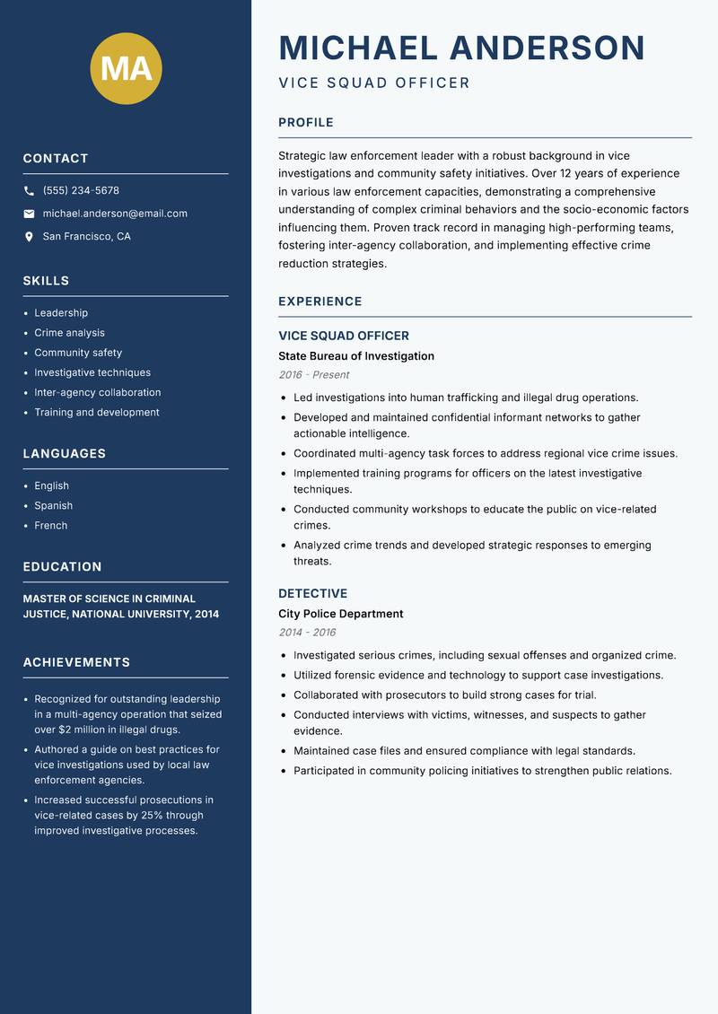 Vice Squad Officer Resume Preview Example