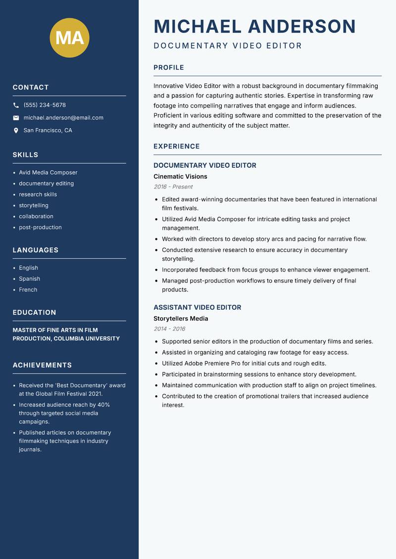 Video Editor Resume Preview Example