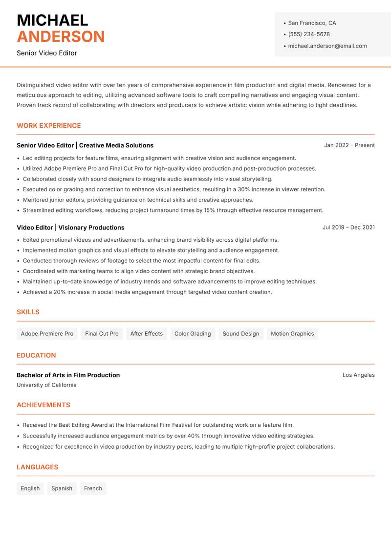 Video Editor Resume Template
