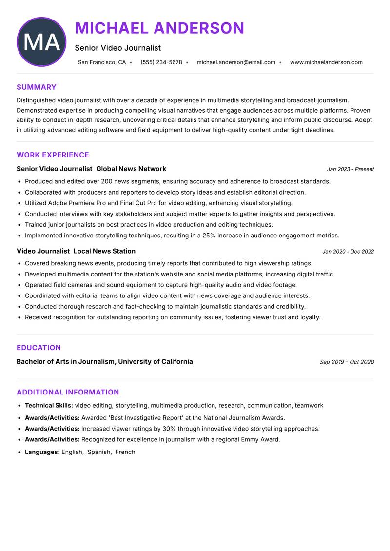 Video Journalist Resume Preview Example