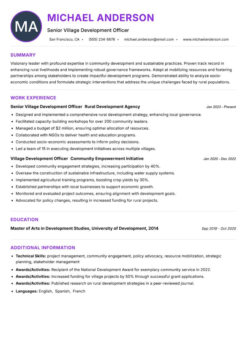 Village Development Officer Resume Preview Example