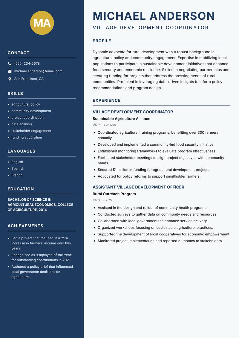 Village Development Officer Resume Preview Example