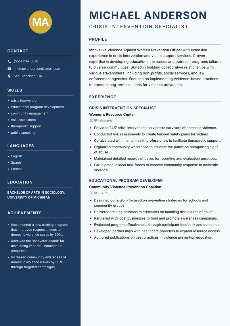Violence Against Women Prevention Officer Resume Preview Example