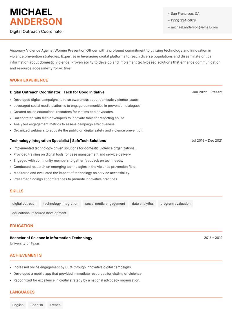 Violence Against Women Prevention Officer Resume Template
