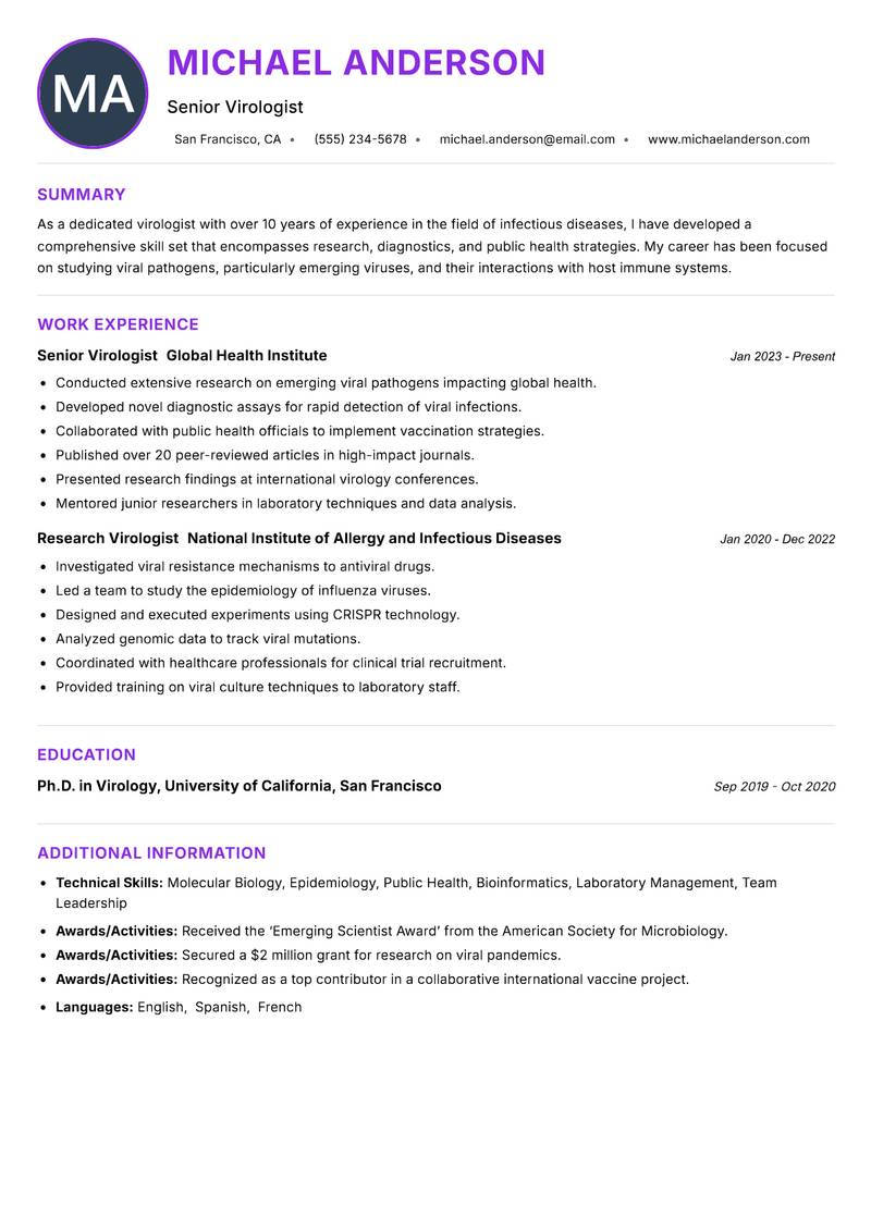 Virologist Resume Preview Example