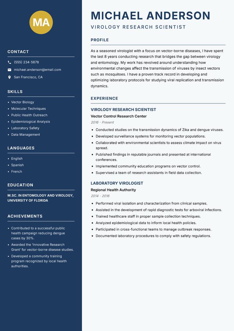 Virologist Resume Preview Example