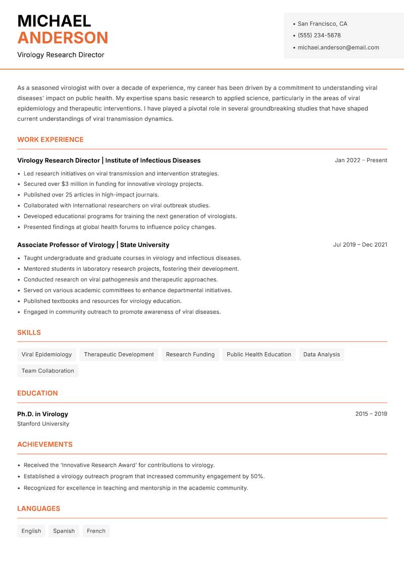 Virologist Resume Template