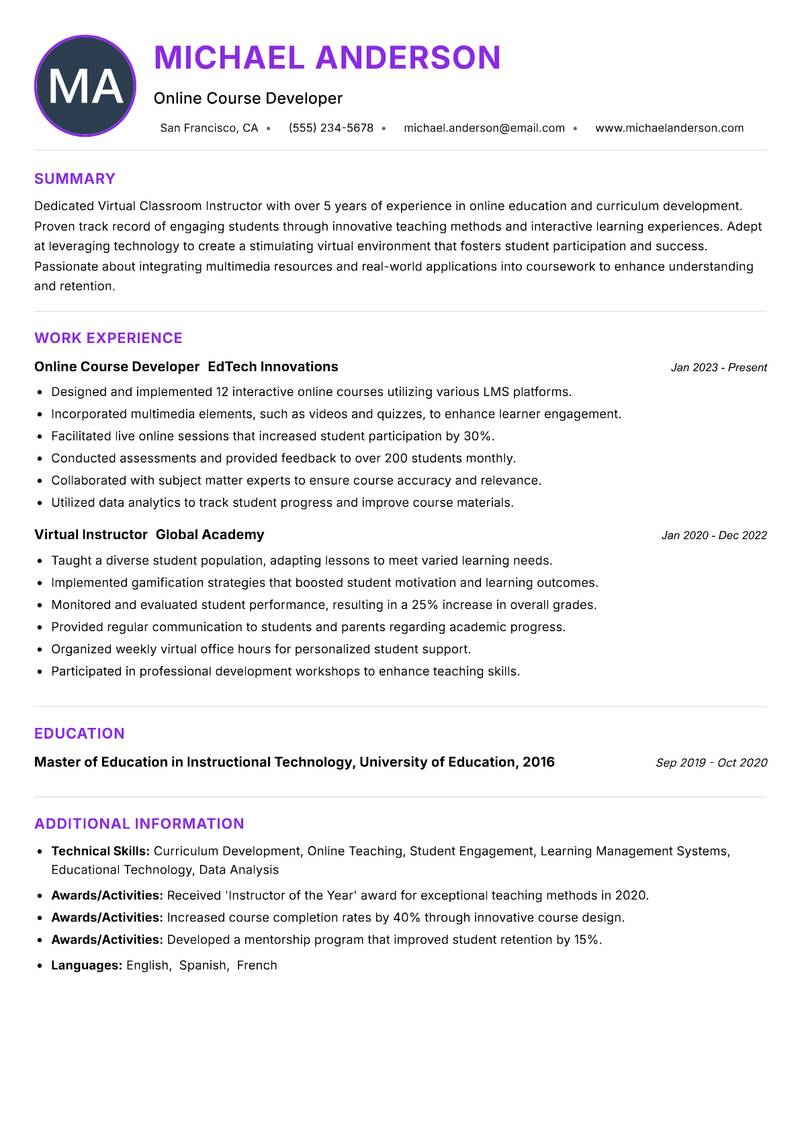Virtual Classroom Instructor Resume Preview Example