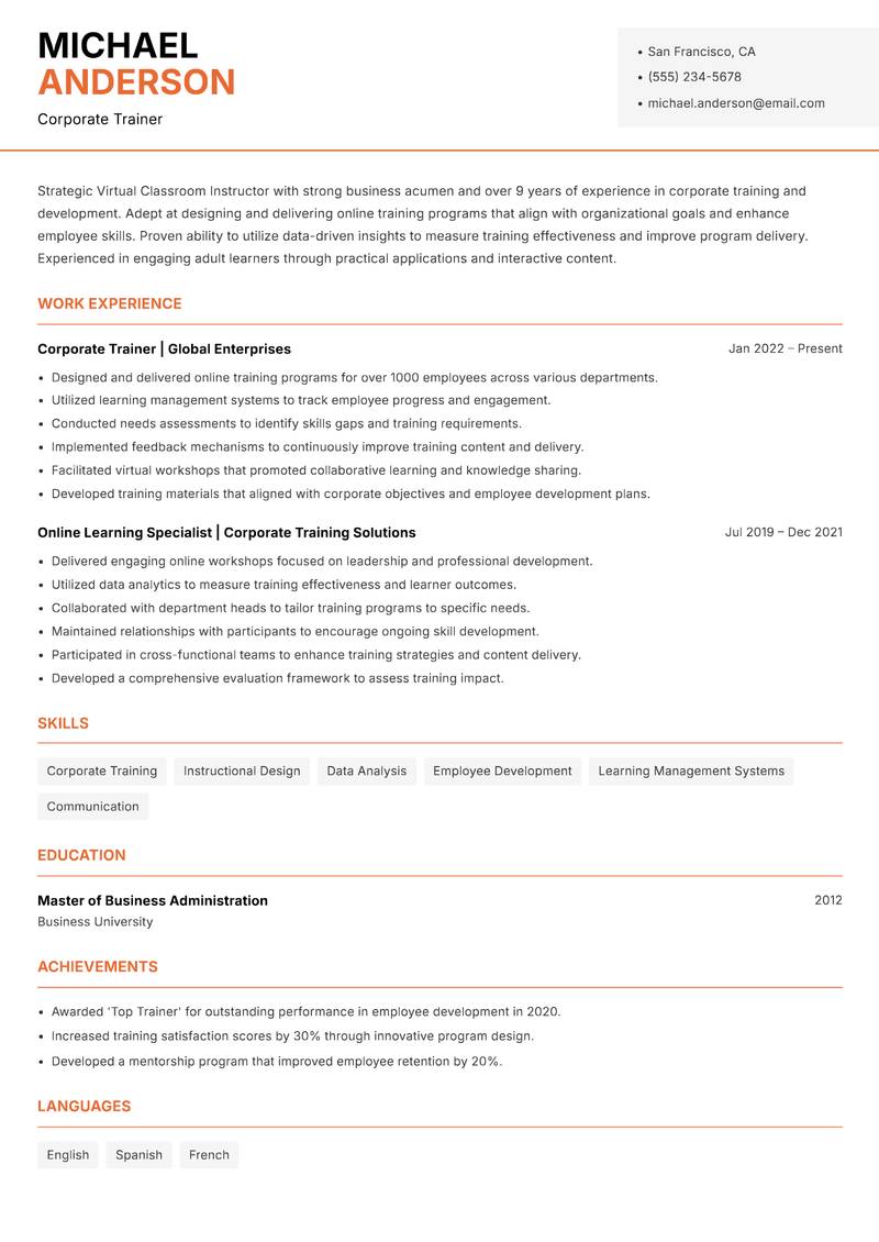 Virtual Classroom Instructor Resume Template