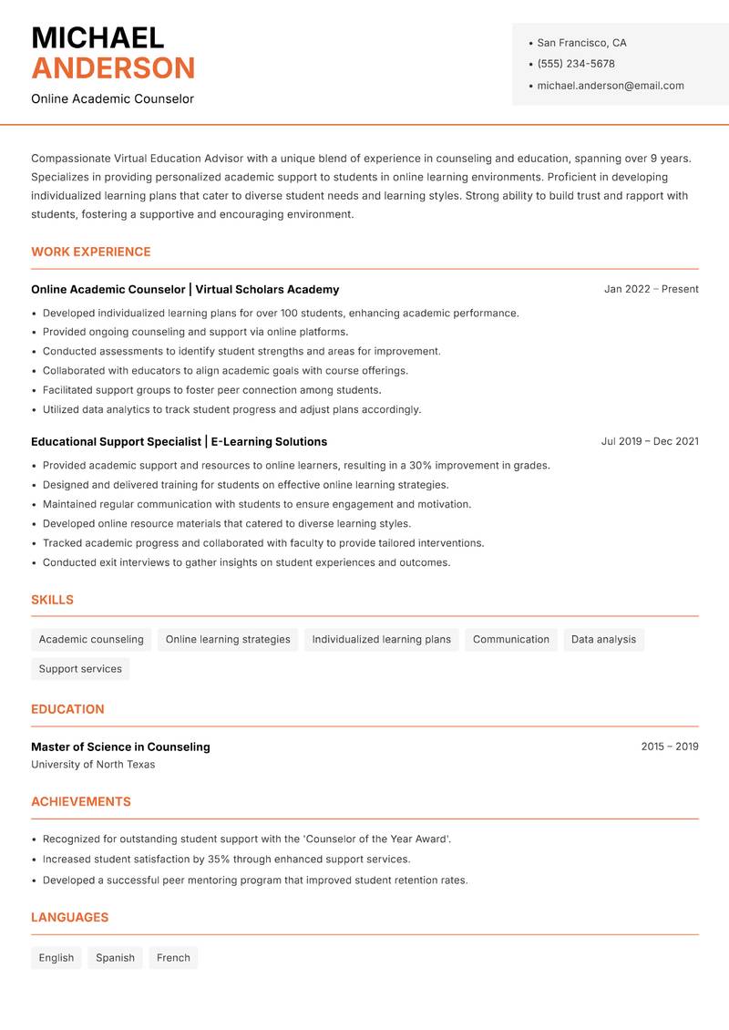 Virtual Education Advisor Resume Template