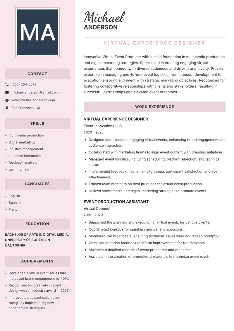 Virtual Event Producer Resume Preview Example
