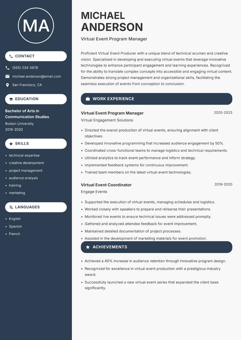 Virtual Event Producer Resume Preview Example