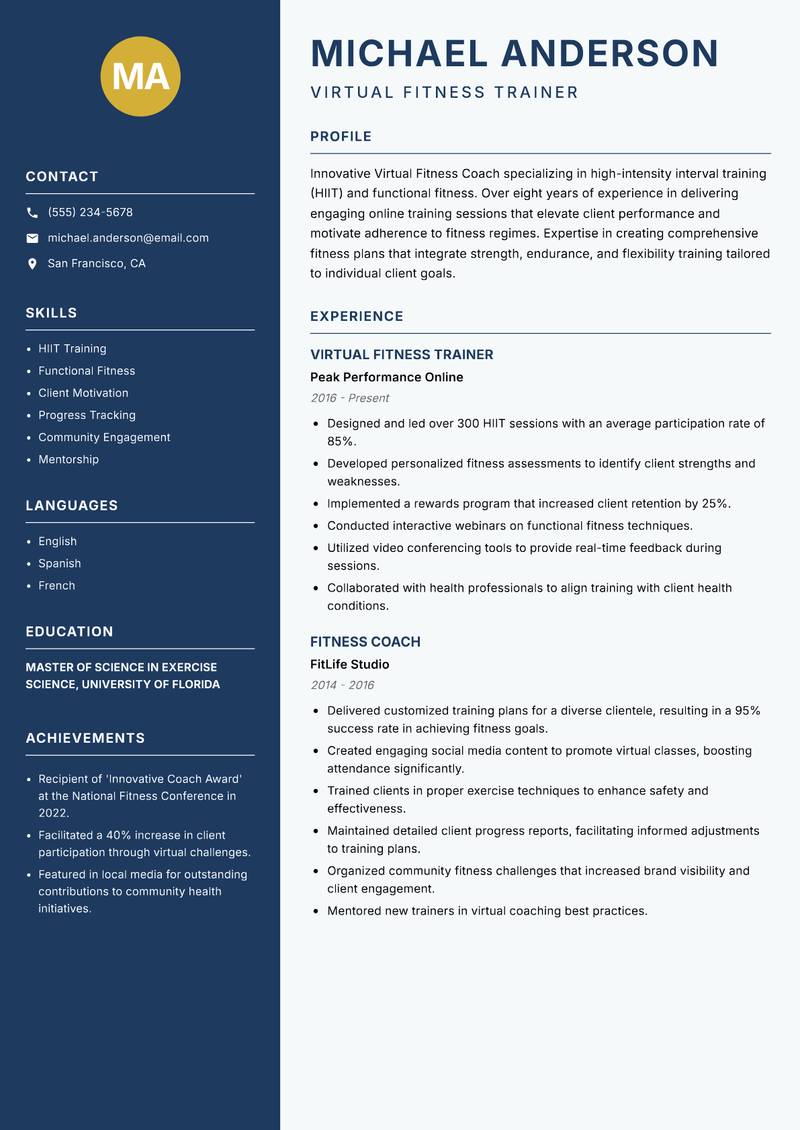Virtual Fitness Coach Resume Preview Example