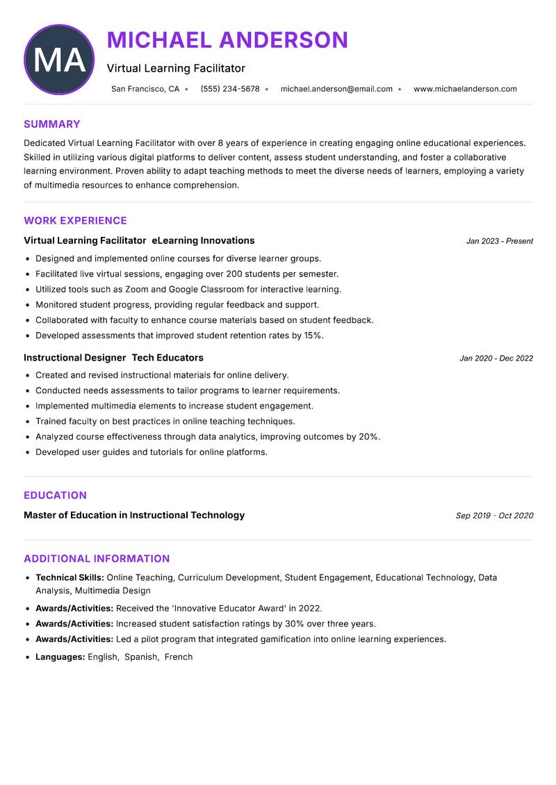 Virtual Learning Facilitator Resume Preview Example