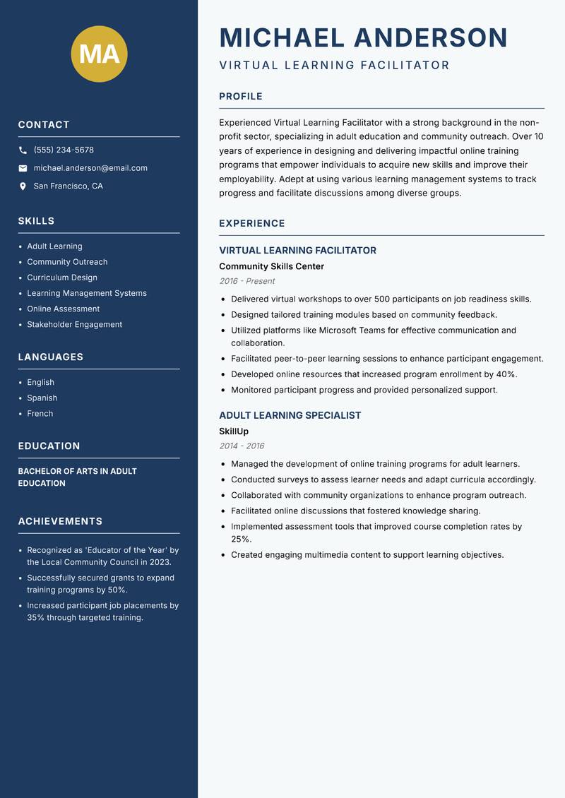 Virtual Learning Facilitator Resume Preview Example