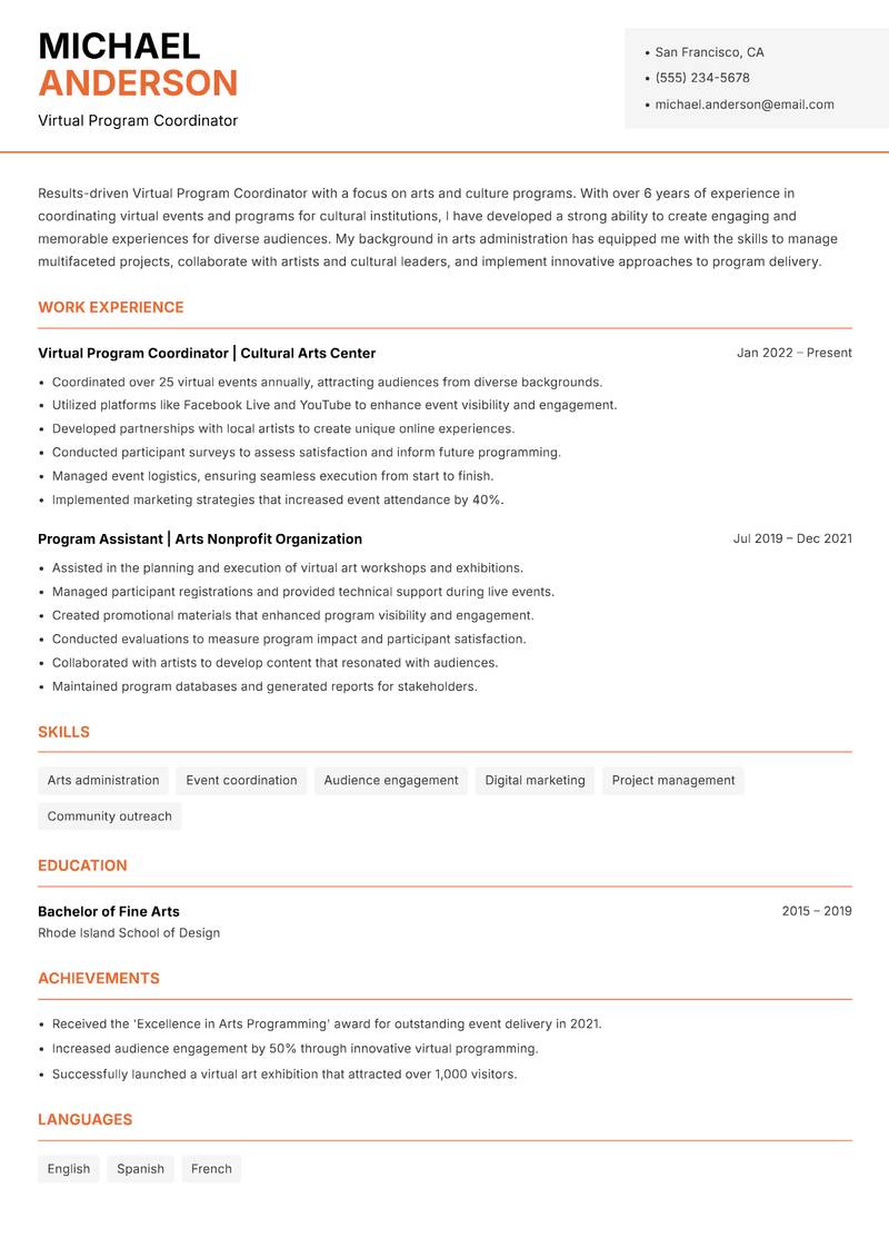 Virtual Program Coordinator Resume Template