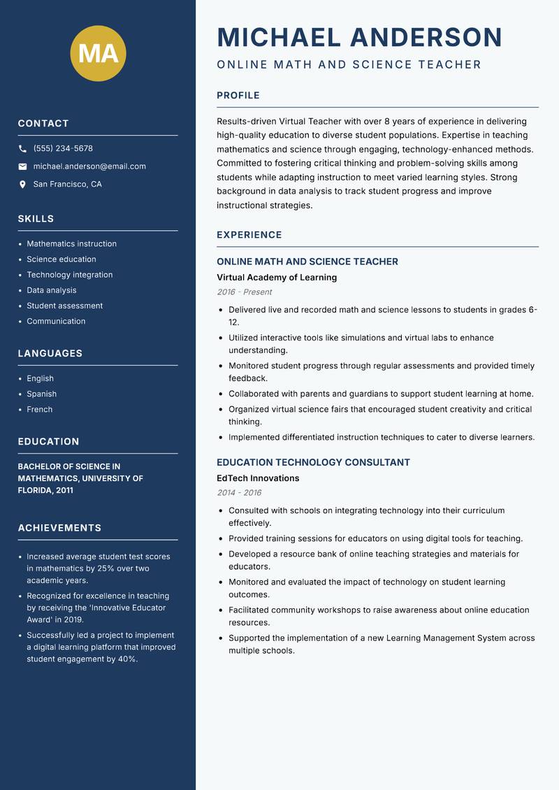 Virtual Teacher Resume Preview Example
