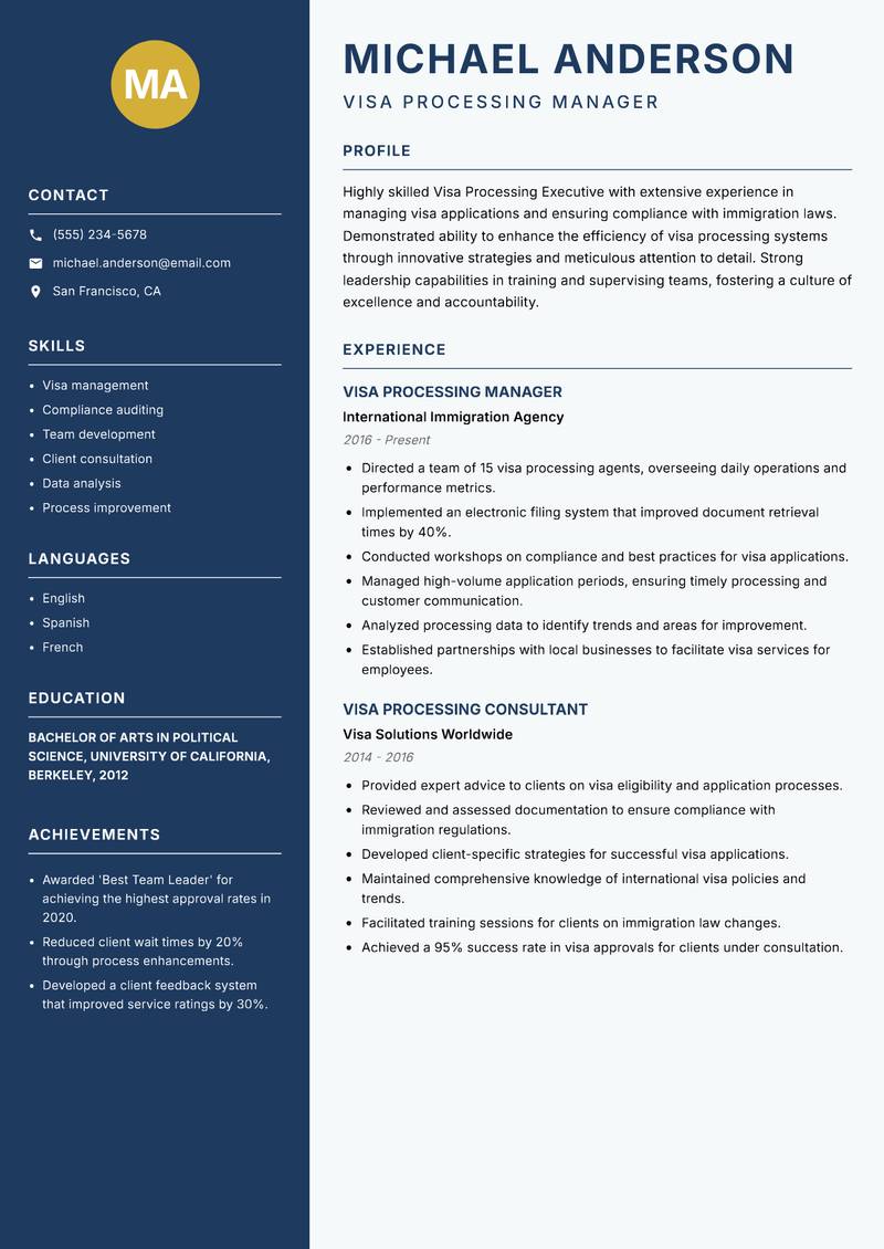 Visa Processing Executive Resume Preview Example